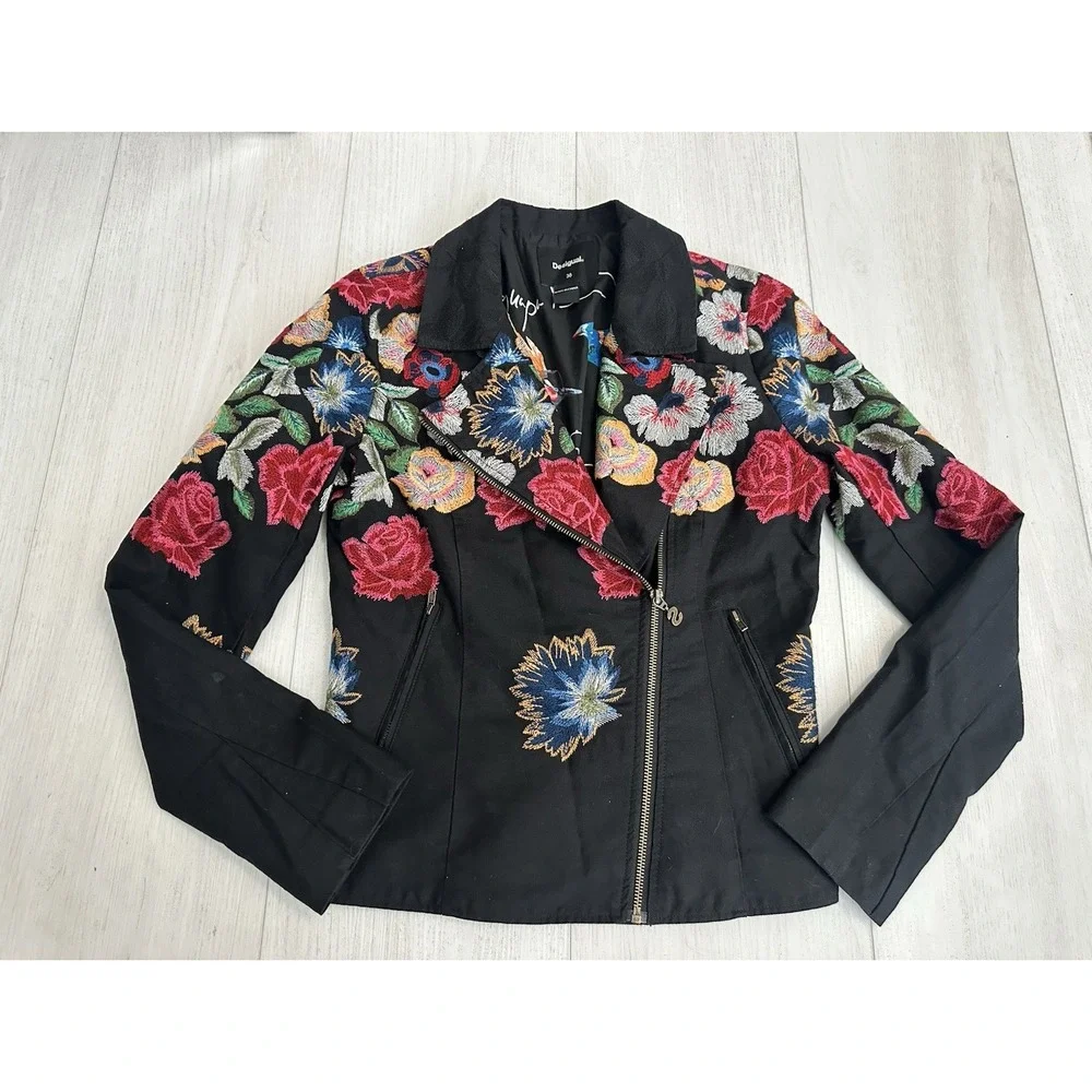 DESIGUAL‎ Women's Embroidered Fiorella Biker Jacket Sz 38 EU 4 US Floral